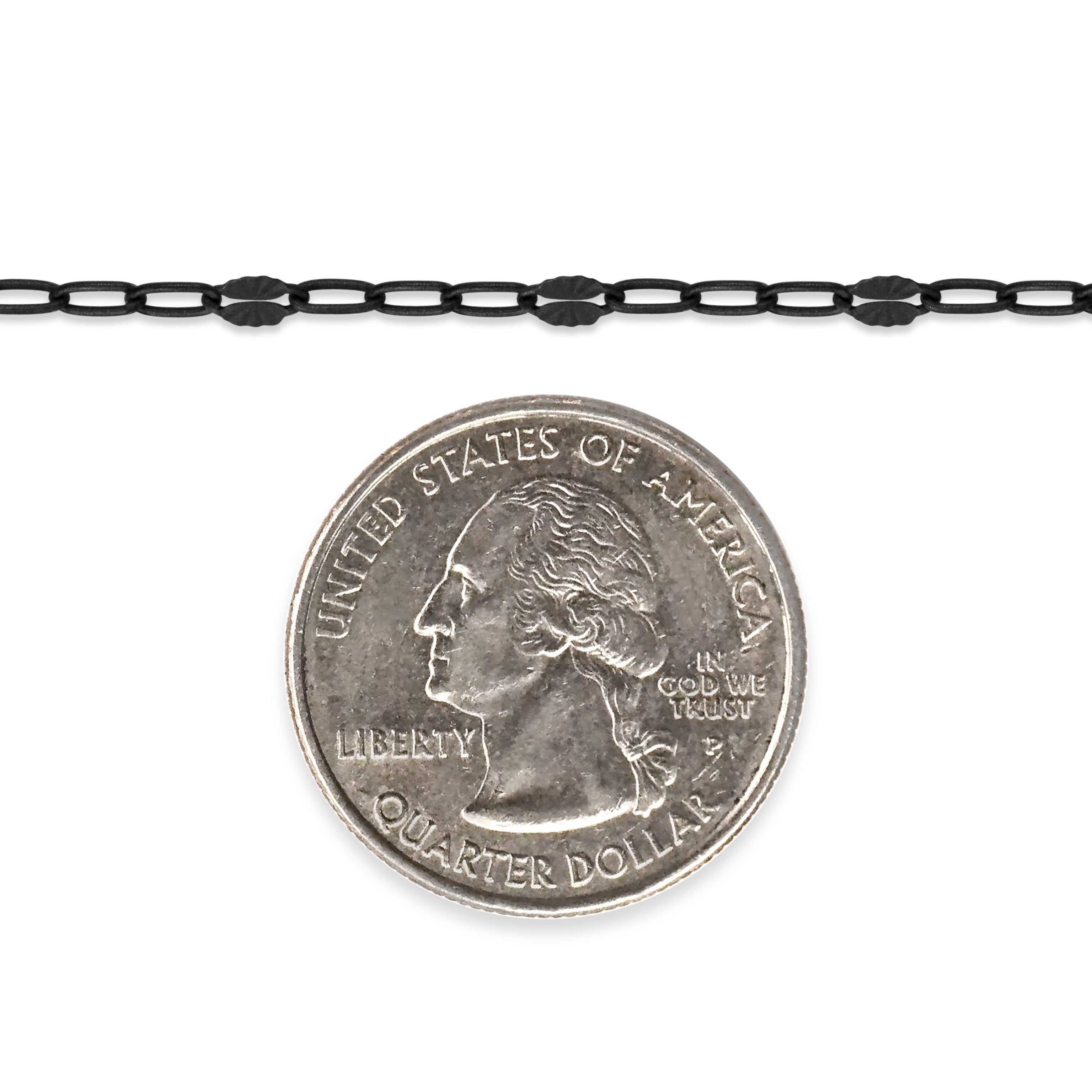 Sterling silver titanium plated chain next to a quarter dollar coin on a white background