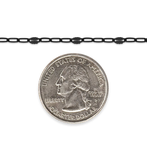 Sterling silver titanium plated chain next to a quarter dollar coin on a white background