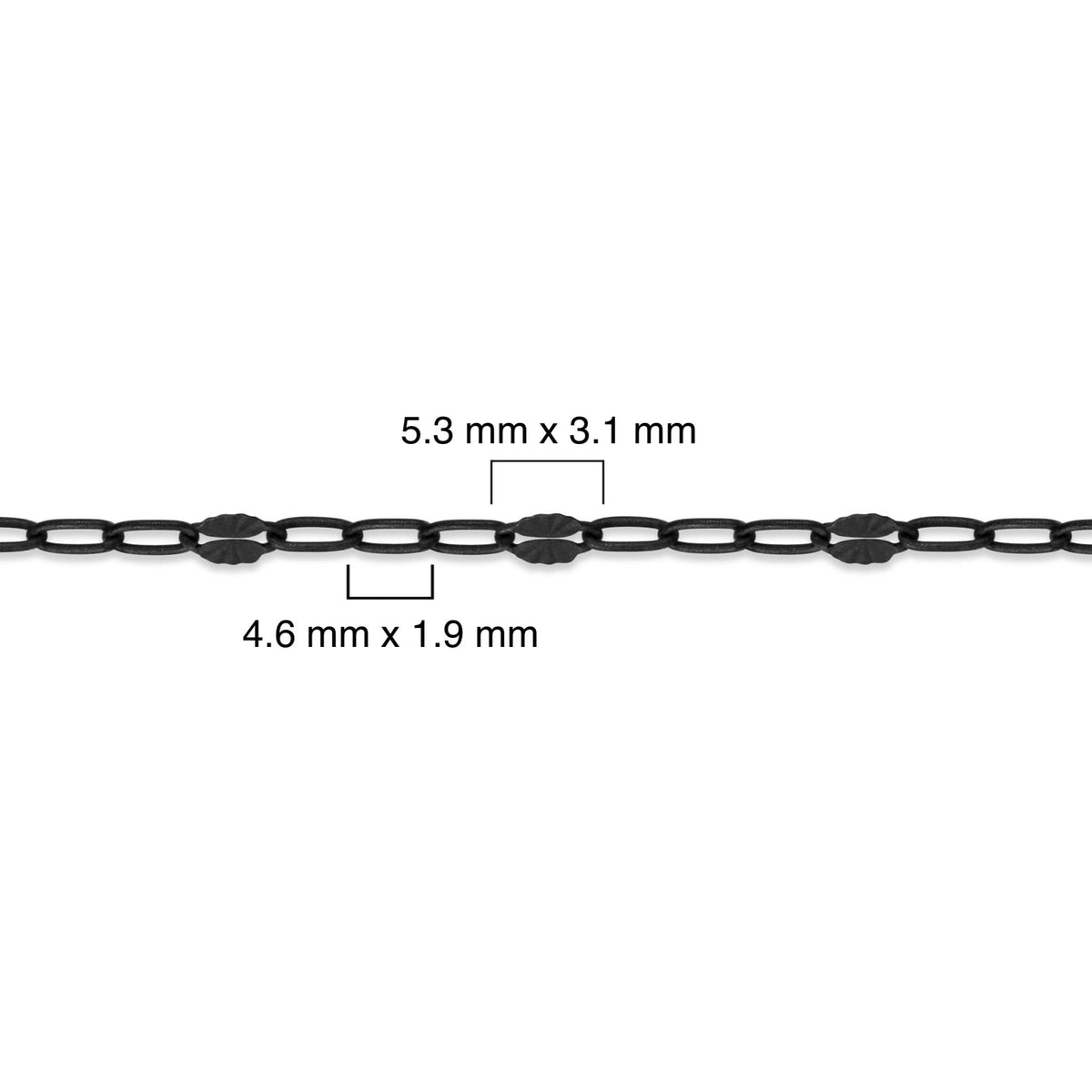 Sterling silver titanium plated chain with measurements indicated on a white background