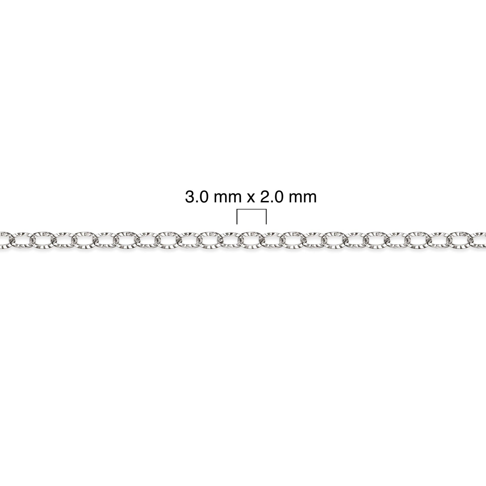Diamond-cut sterling silver chain with dimensions labeled on a white background