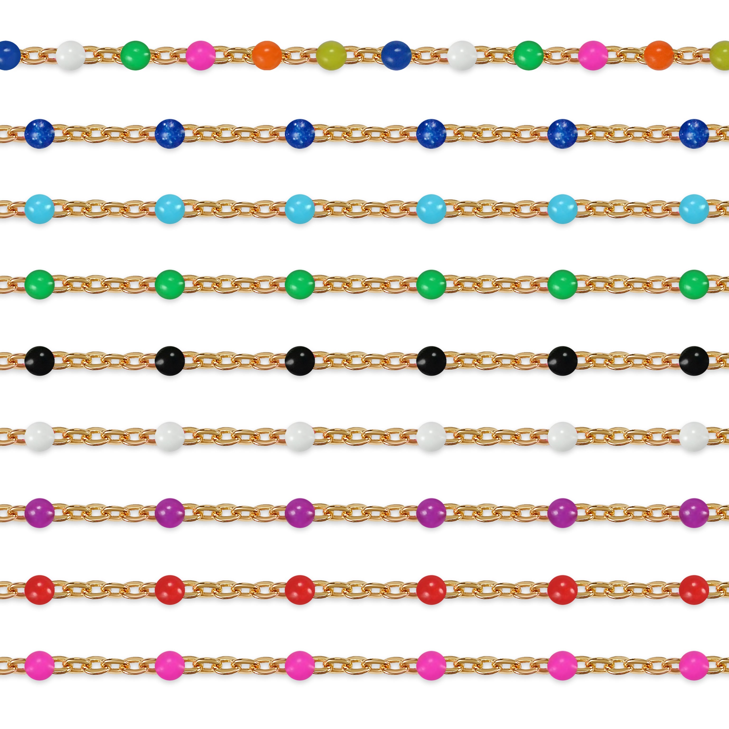 Colorful beaded chains on a white background
