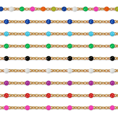Colorful beaded chains on a white background