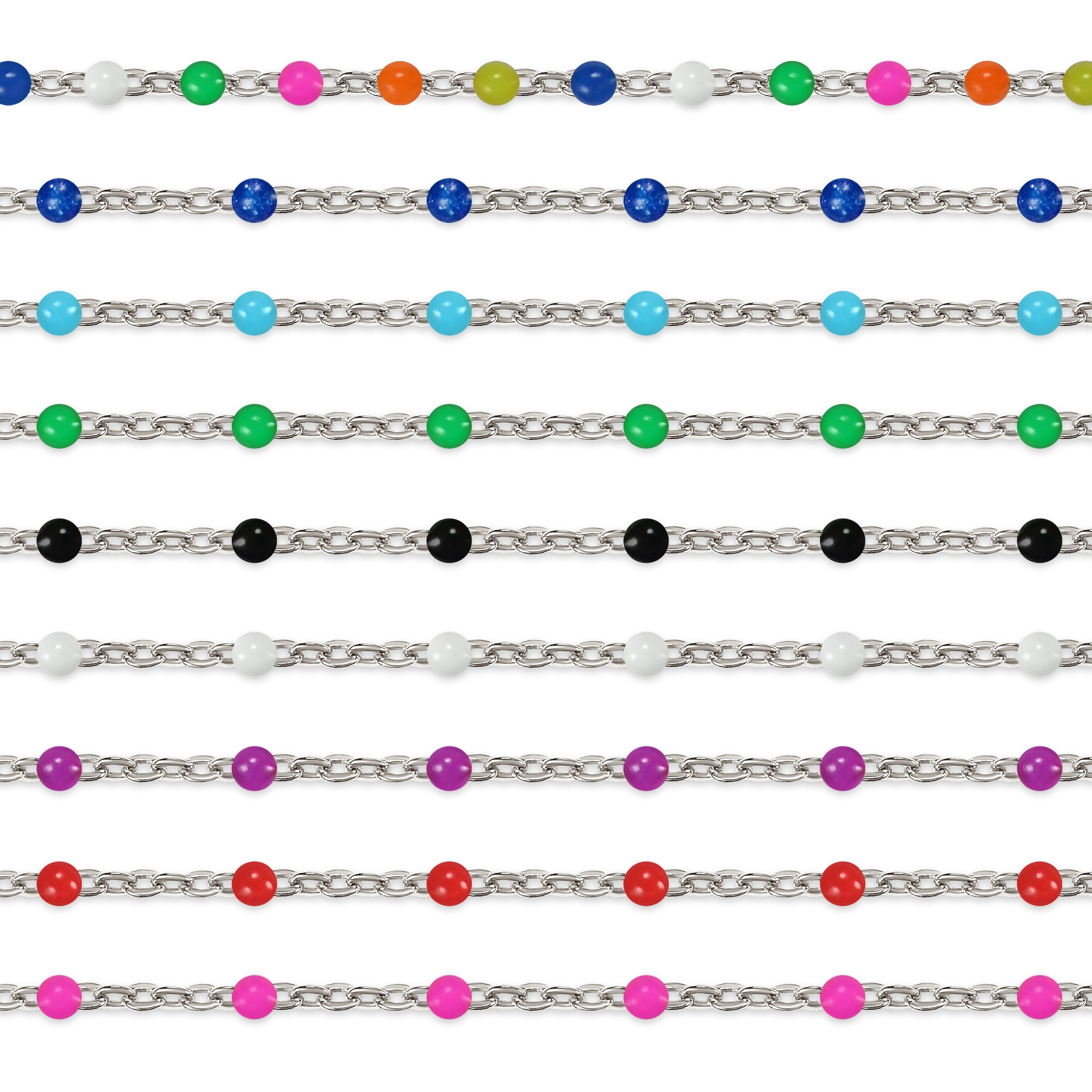 Sterling silver colorful beaded enamel chains on a white background