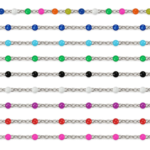 Sterling silver colorful beaded enamel chains on a white background