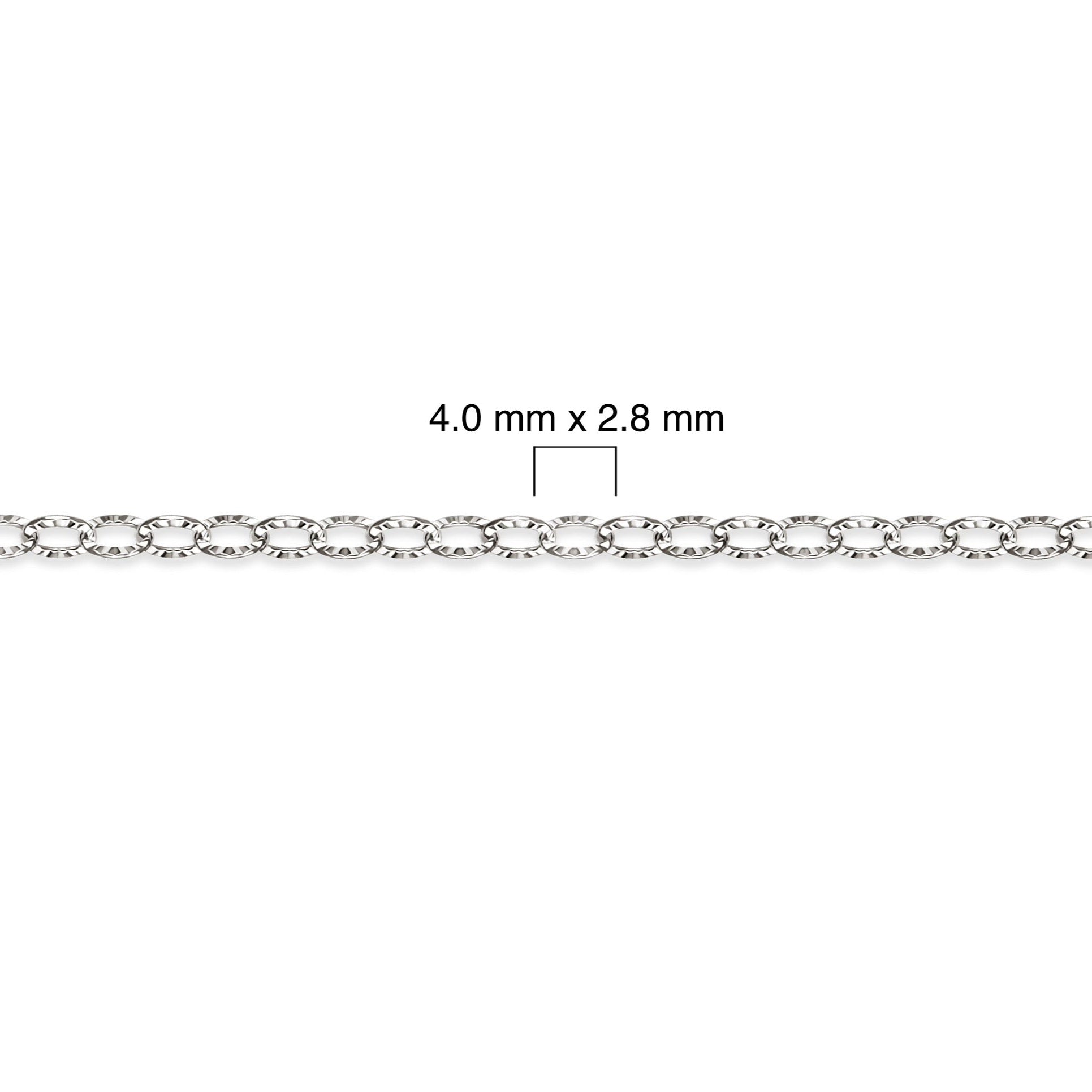 Diamond-cut sterling silver chain with dimensions labeled on a white background