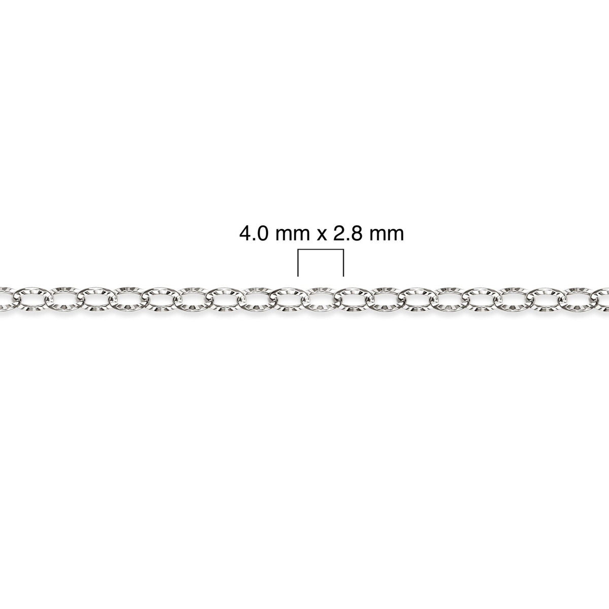 Diamond-cut sterling silver chain with dimensions labeled on a white background
