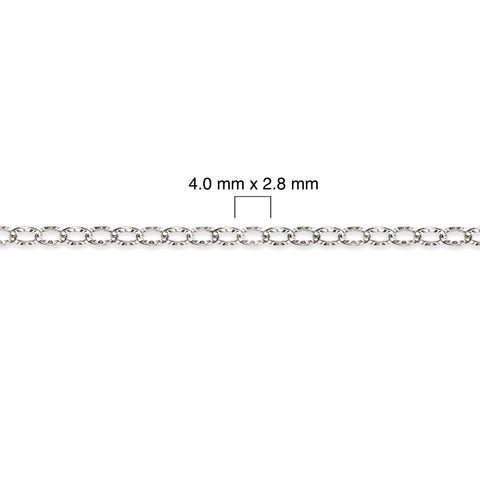 Diamond-cut sterling silver chain with dimensions labeled on a white background