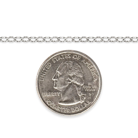 Diamond-cut sterling silver chain next to a quarter dollar coin on a white background