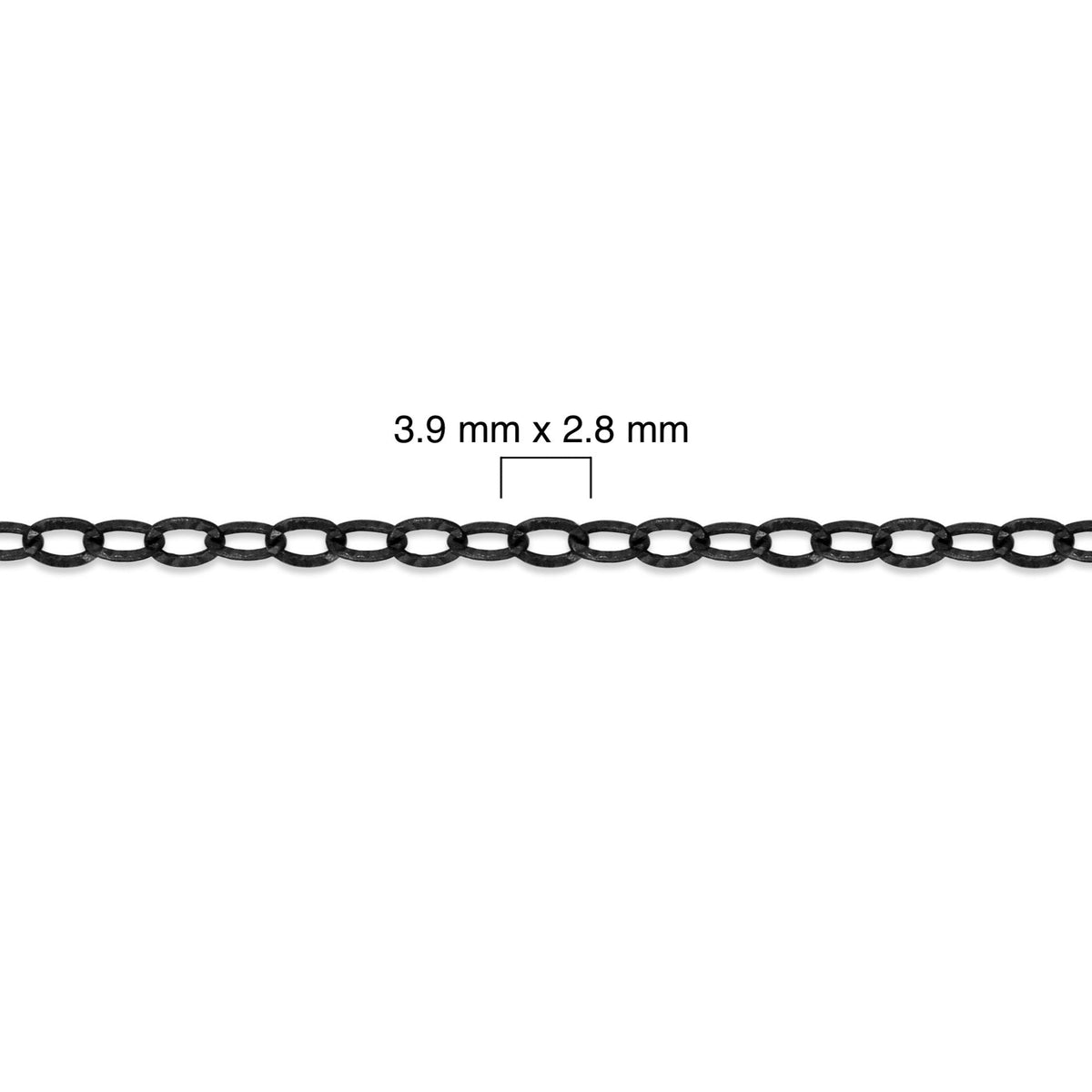Sterling silver titanium plated chain with measurement details on a white background