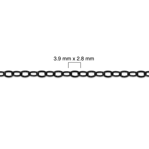 Sterling silver titanium plated chain with measurement details on a white background