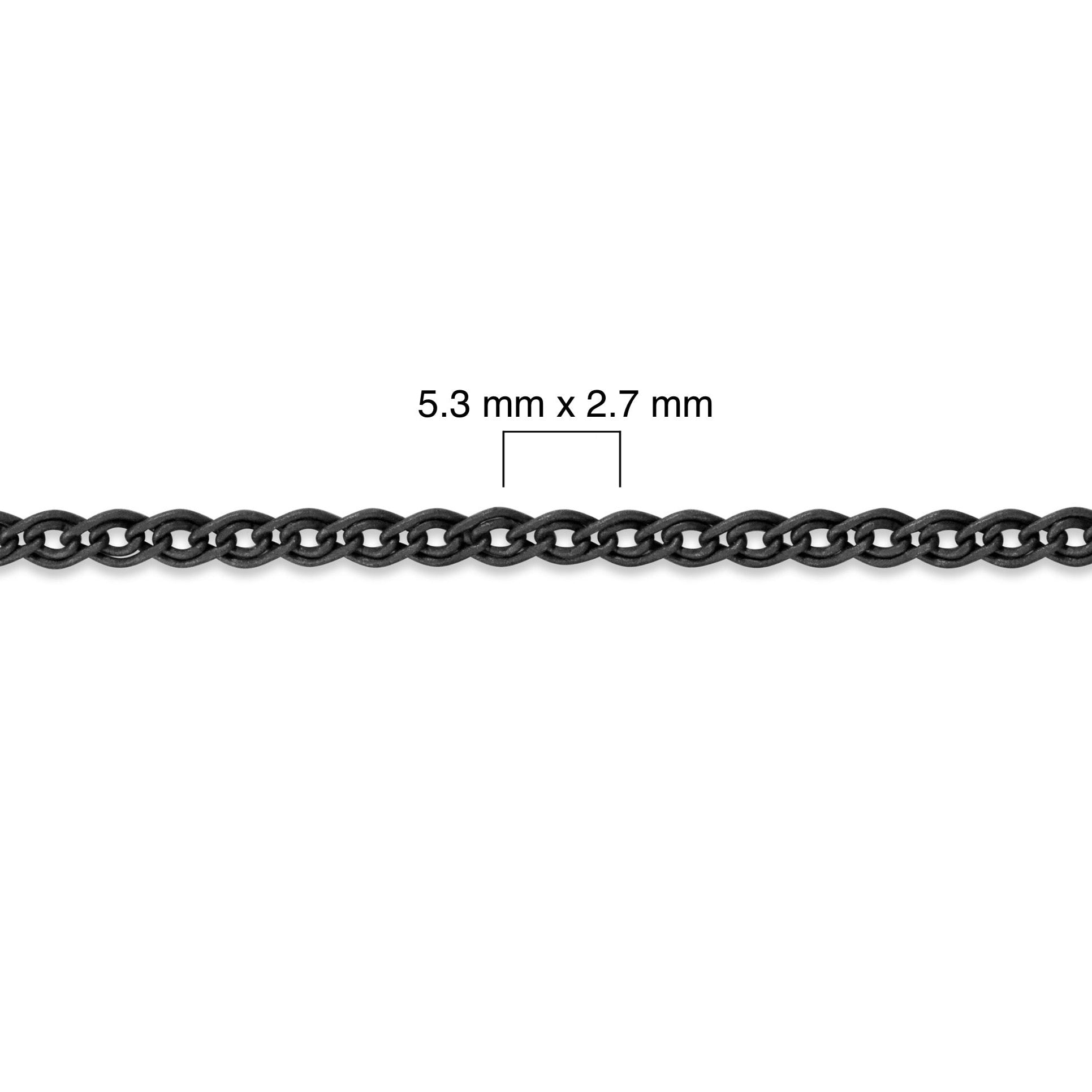 Sterling silver titanium plated chain with measurement details on a white background