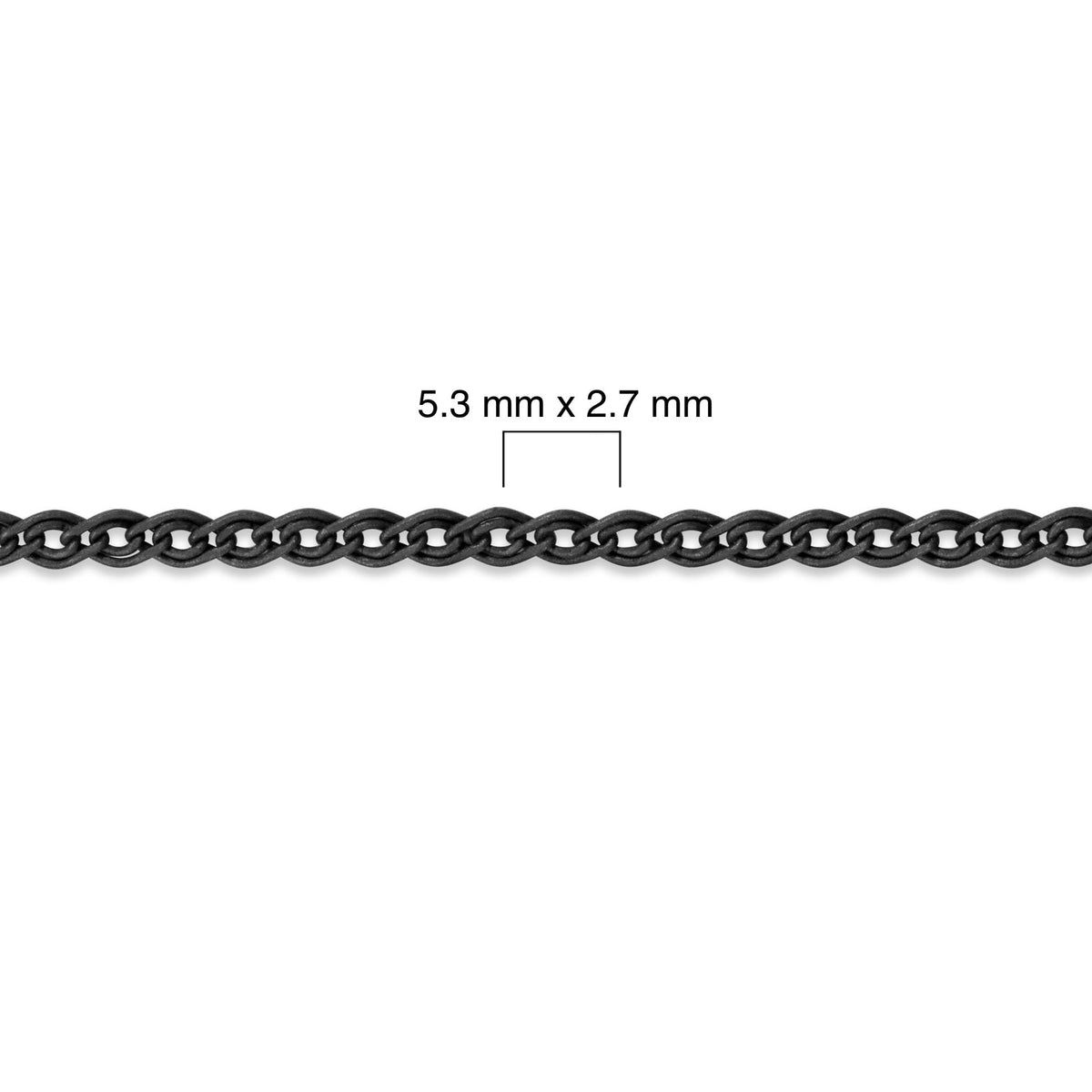 Sterling silver titanium plated chain with measurement details on a white background