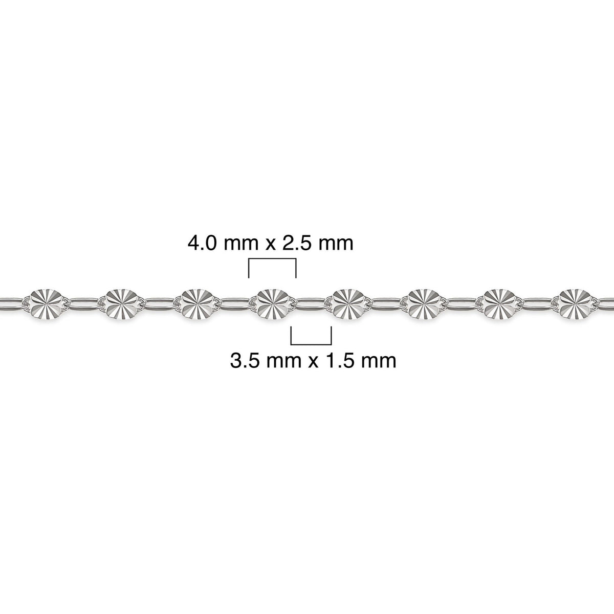 Silver chain with measurements on a white background