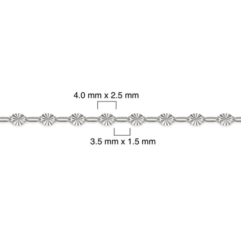 Silver chain with measurements on a white background