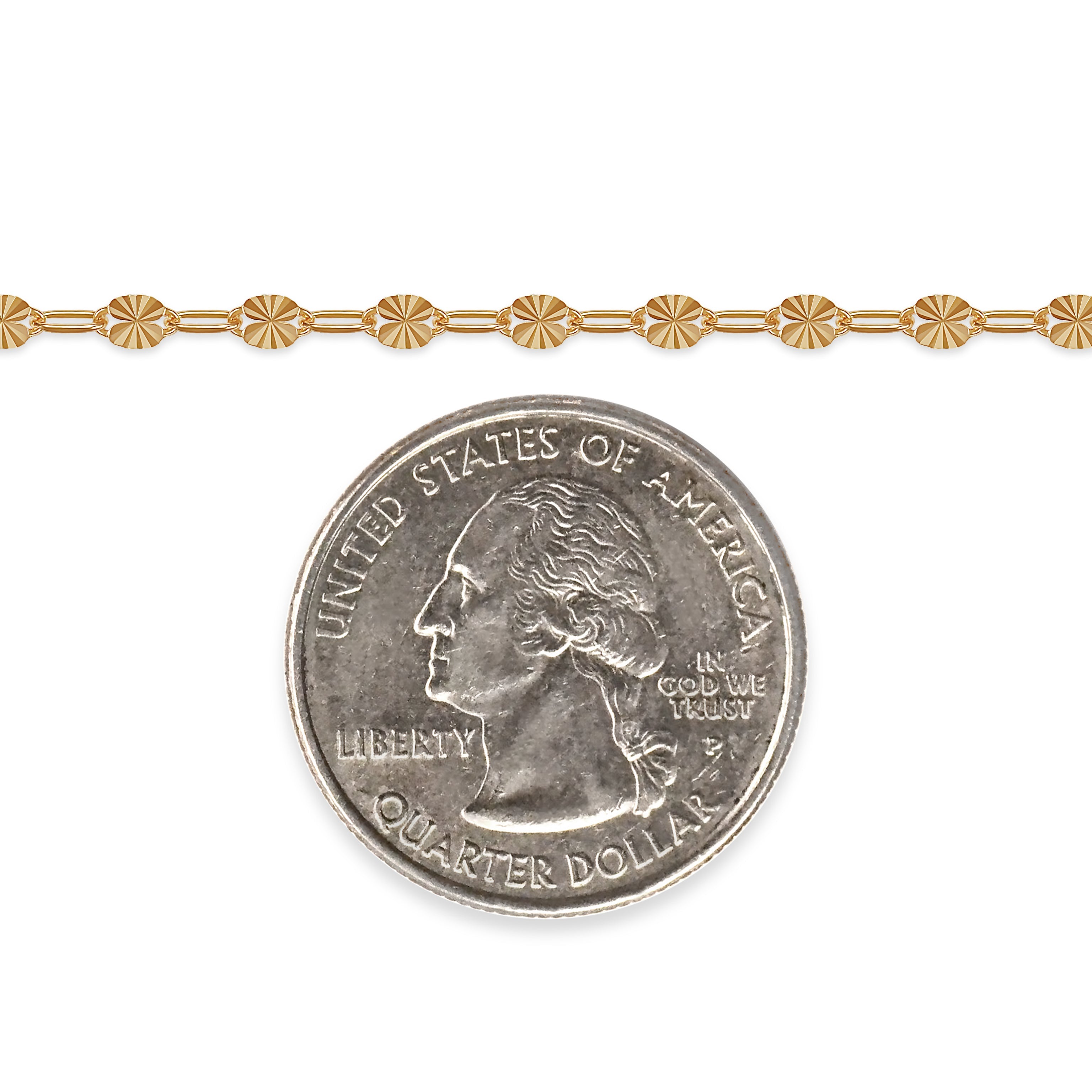 Gold chain next to a quarter dollar coin on a white background