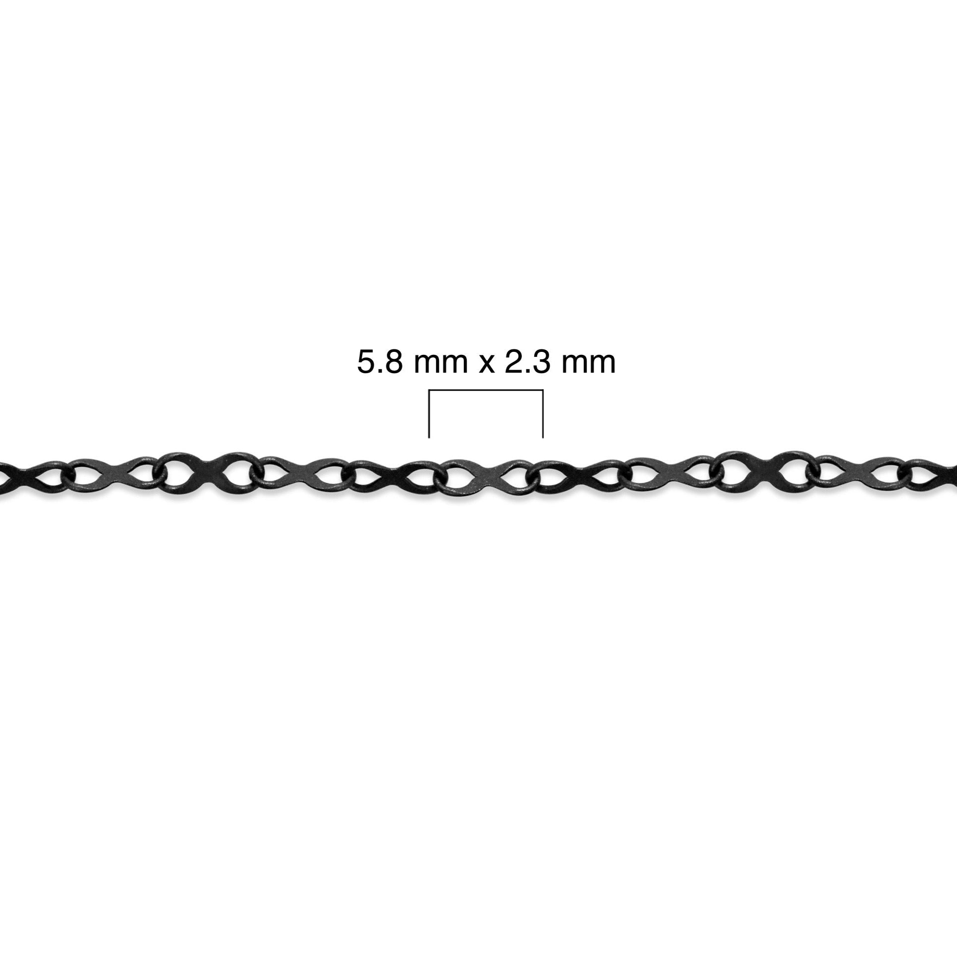 Sterling silver titanium plated chain with measurement details on a white background