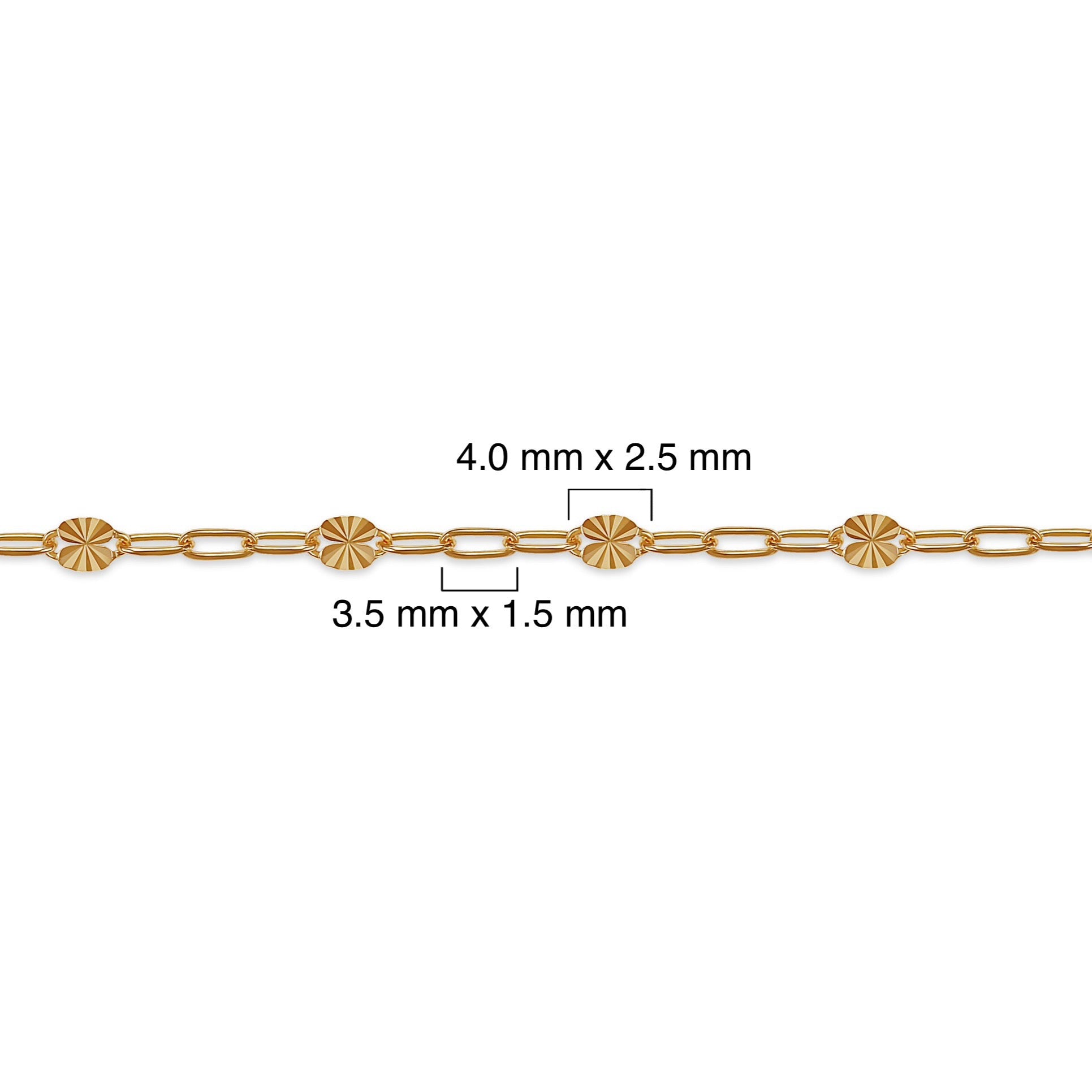 Gold chain with measurements on a white background