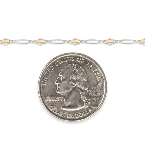 Two-tone, gold-filled and sterling silver chain next to a quarter on a white background