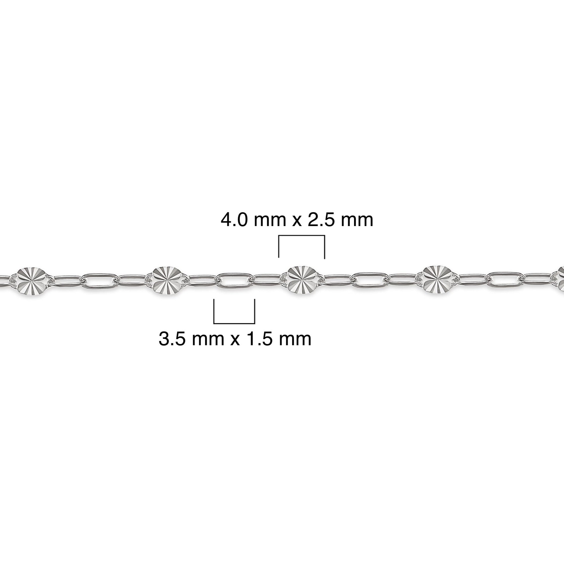 Silver chain with measurements on a white background