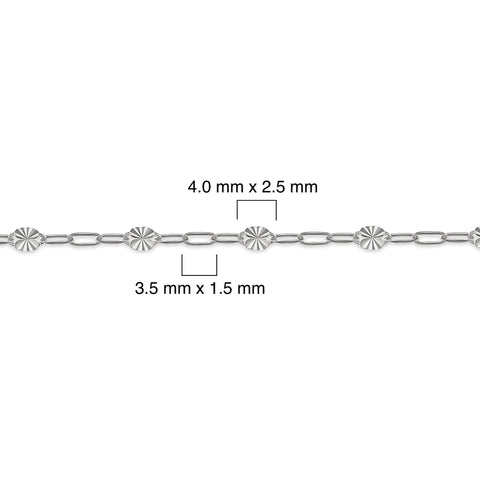 Silver chain with measurements on a white background