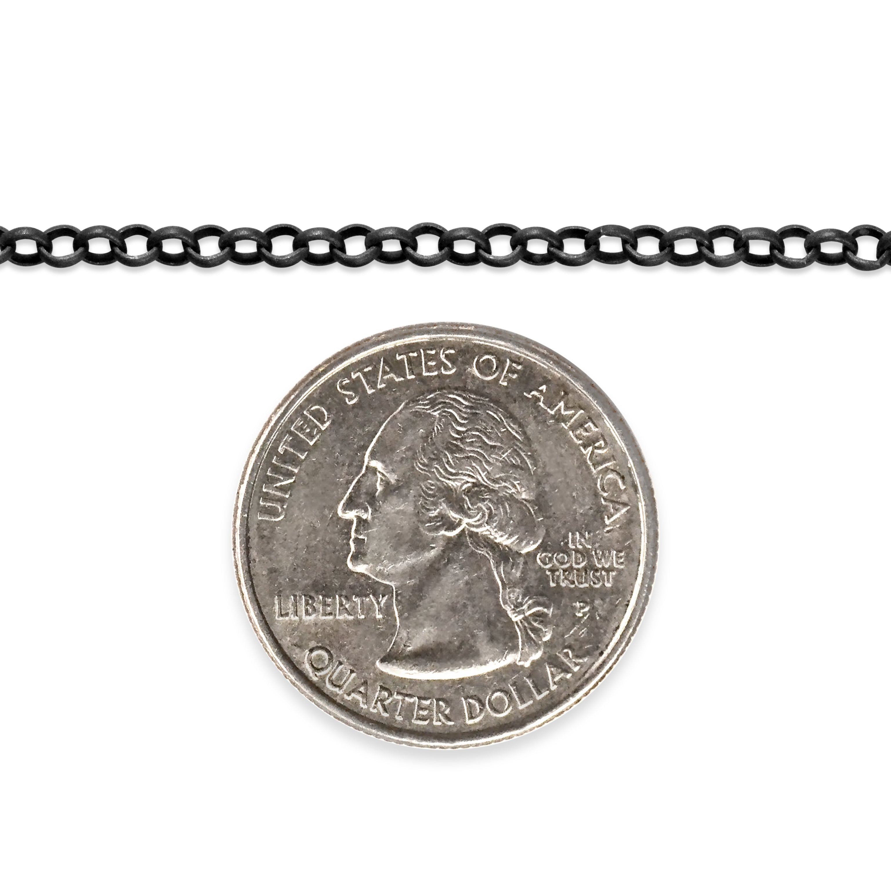 Sterling silver titanium plated chain next to a quarter dollar coin on a white background