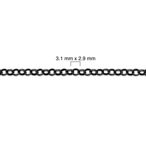 Sterling silver titanium plated chain with measurement details on a white background