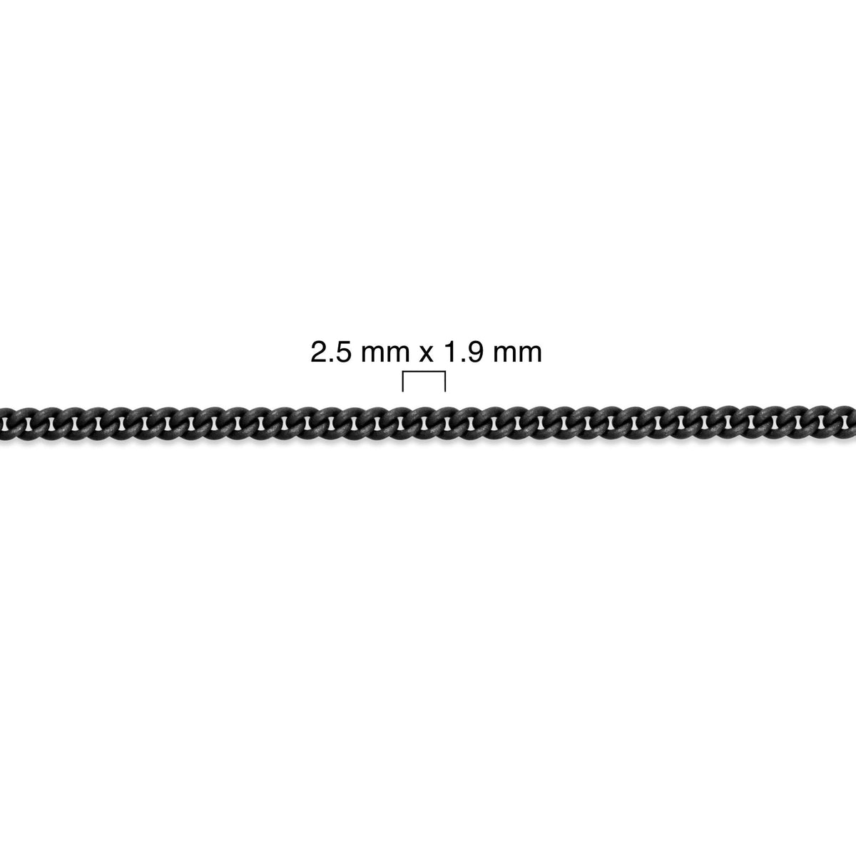 Sterling silver titanium plated chain with measurement details on a white background