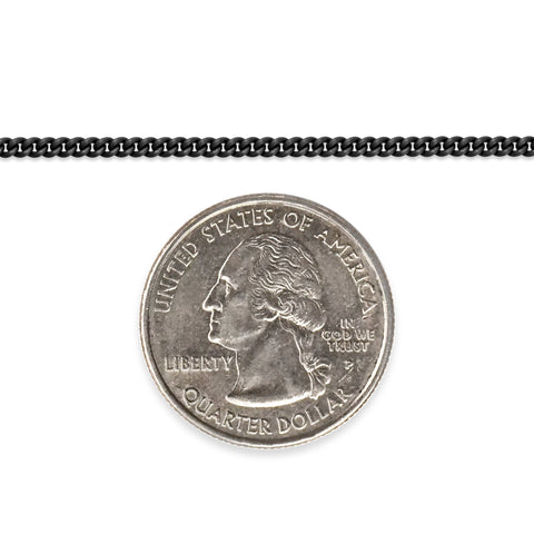 Sterling silver titanium plated chain next to a quarter dollar coin on a white background