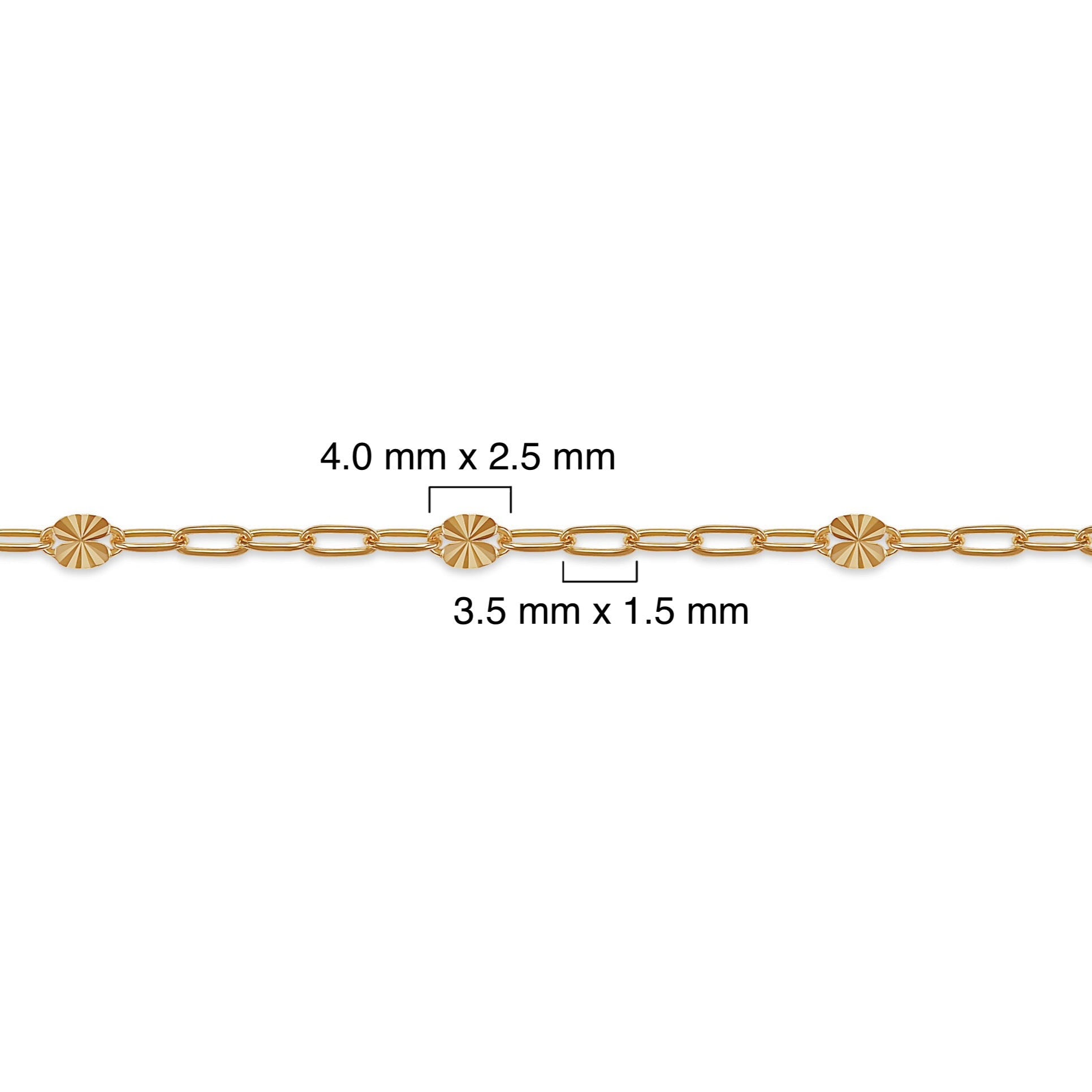 Gold chain with measurements on a white background