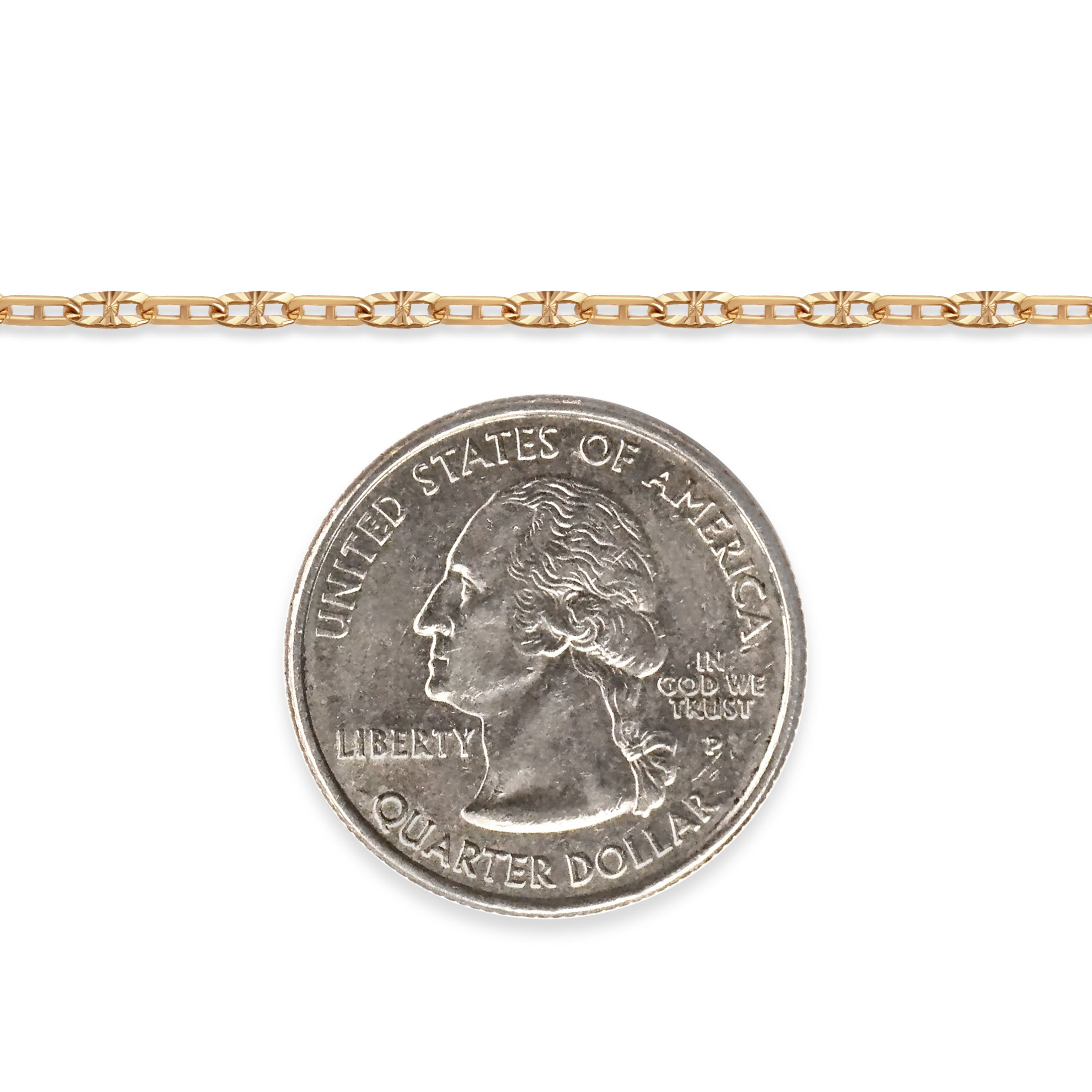 14/20 gold-filled mariner chain next to a quarter dollar coin on a white background