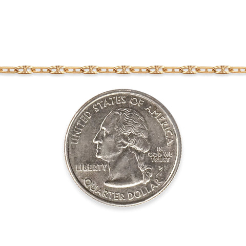 14/20 gold-filled mariner chain next to a quarter dollar coin on a white background