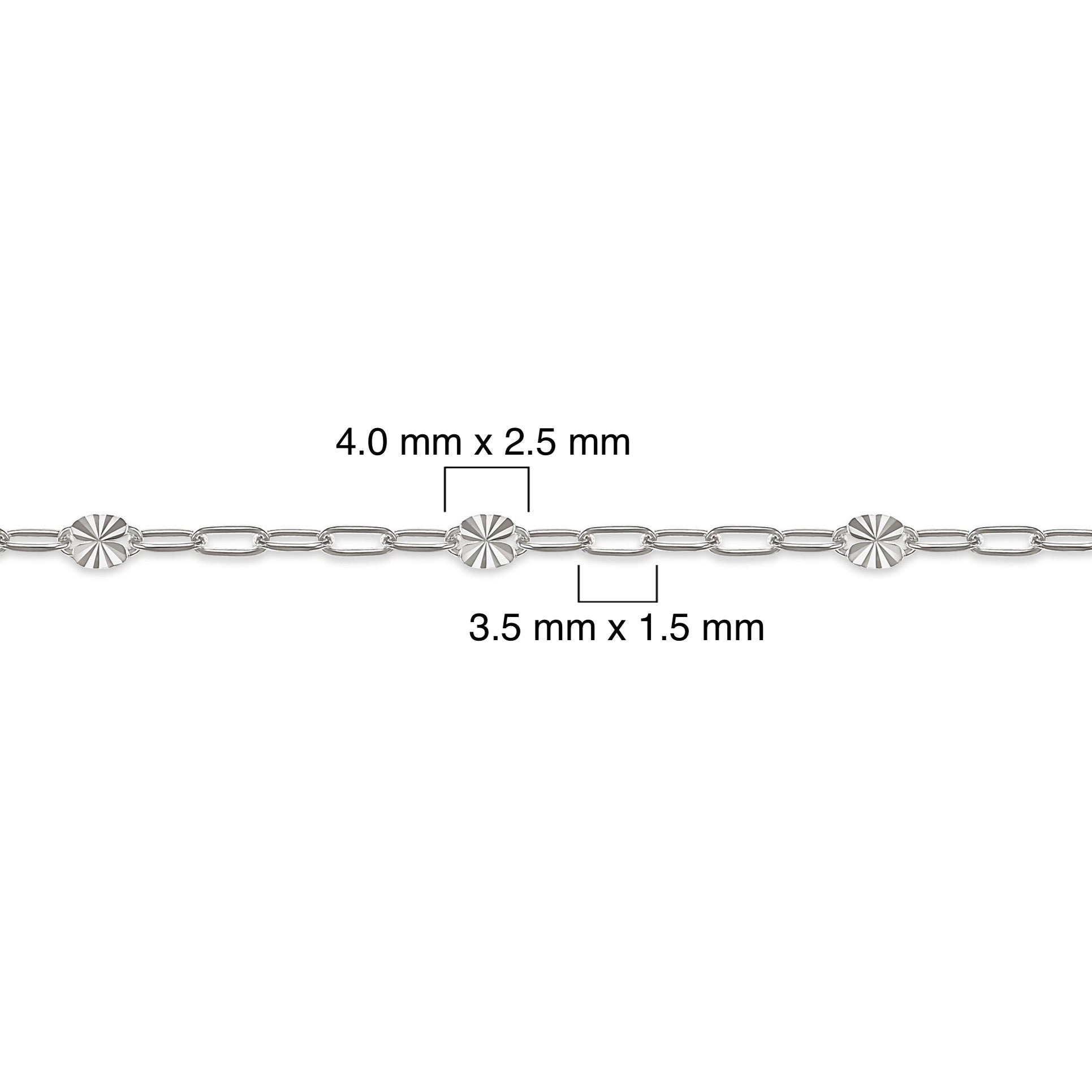 Silver chain with measurements on a white background