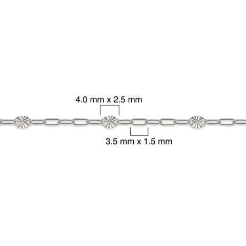 Silver chain with measurements on a white background