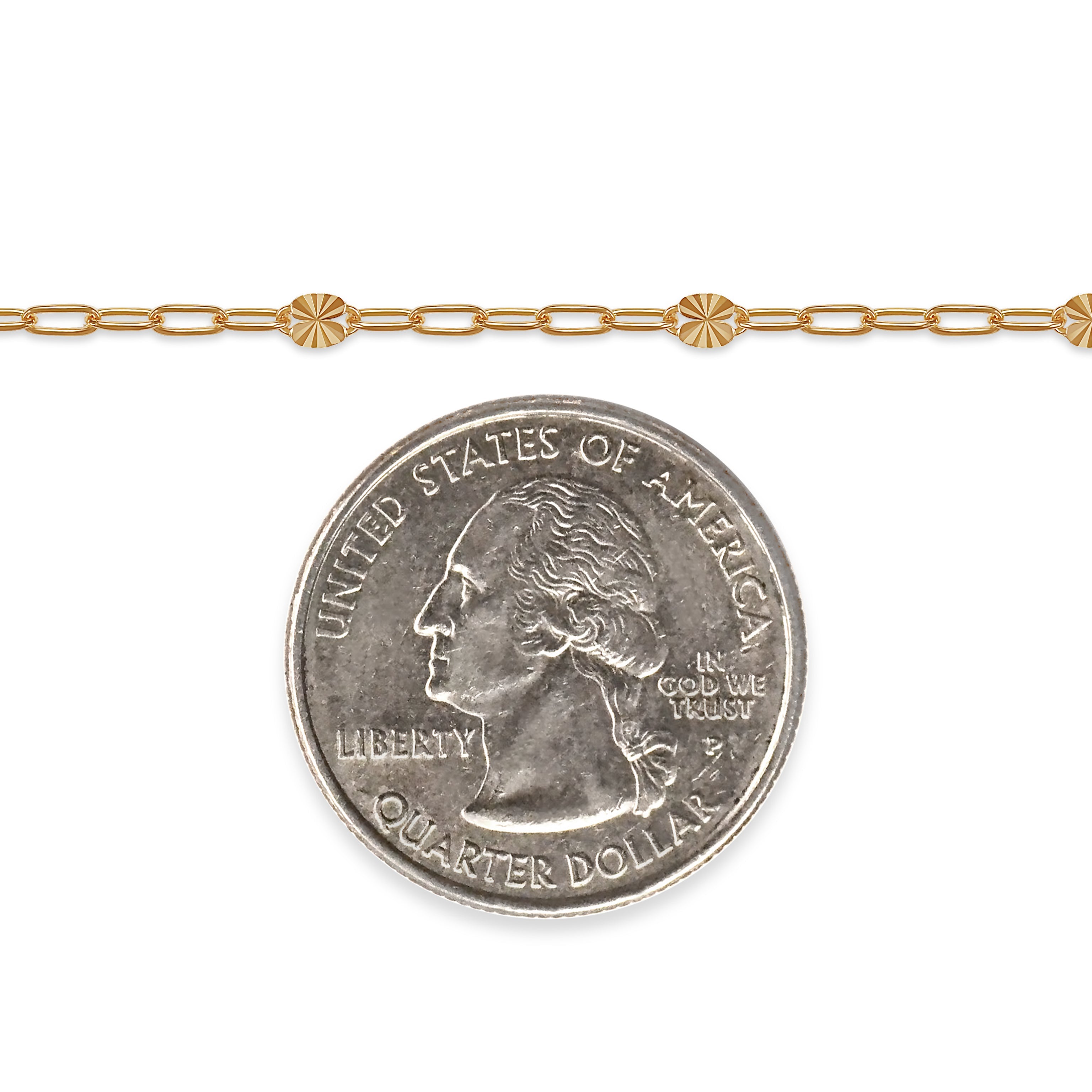 Gold chain with a quarter dollar coin on a white background