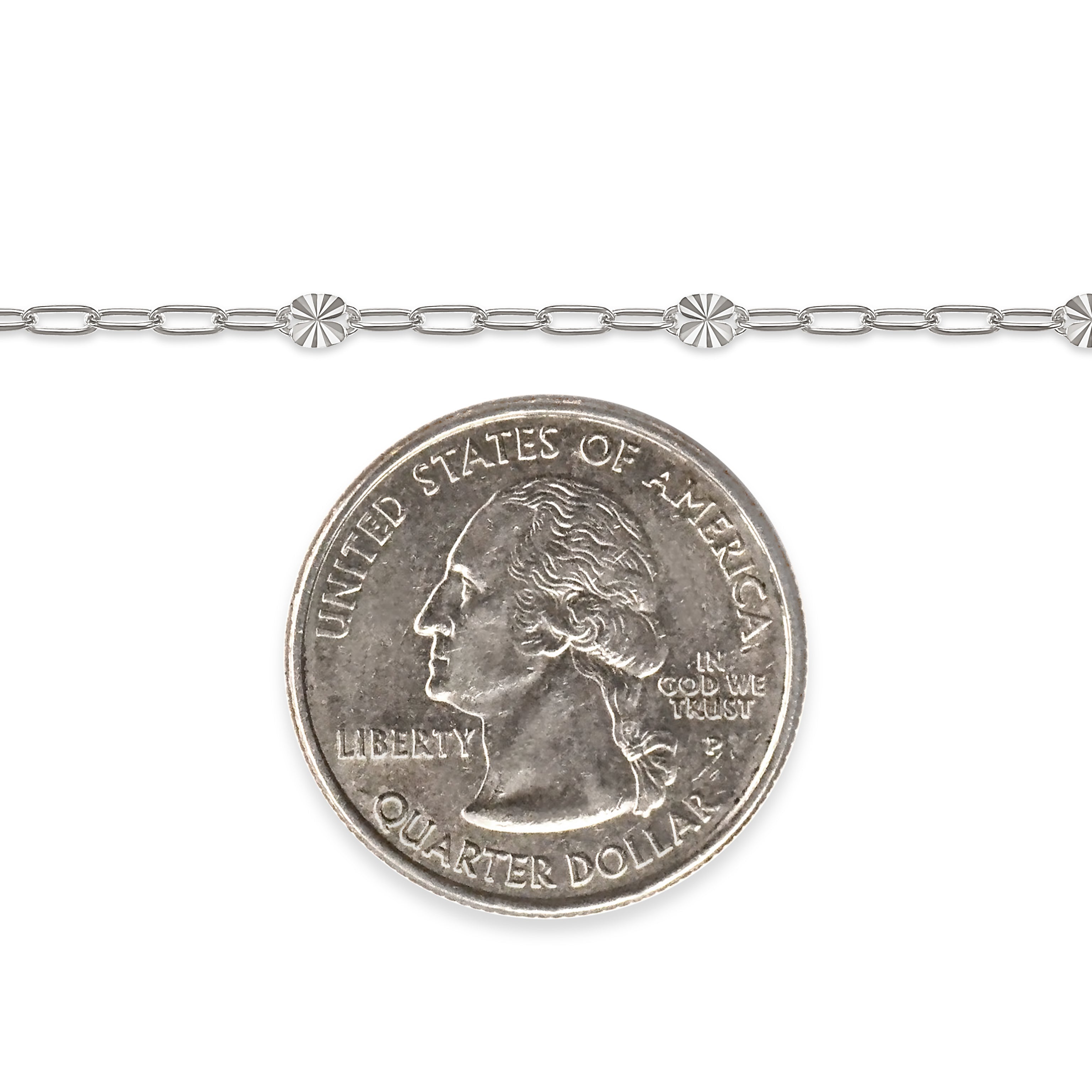 Silver chain with a quarter dollar coin on a white background