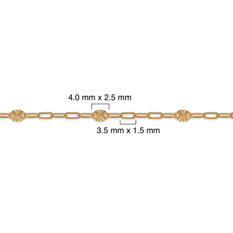 Gold chain with measurements on a white background