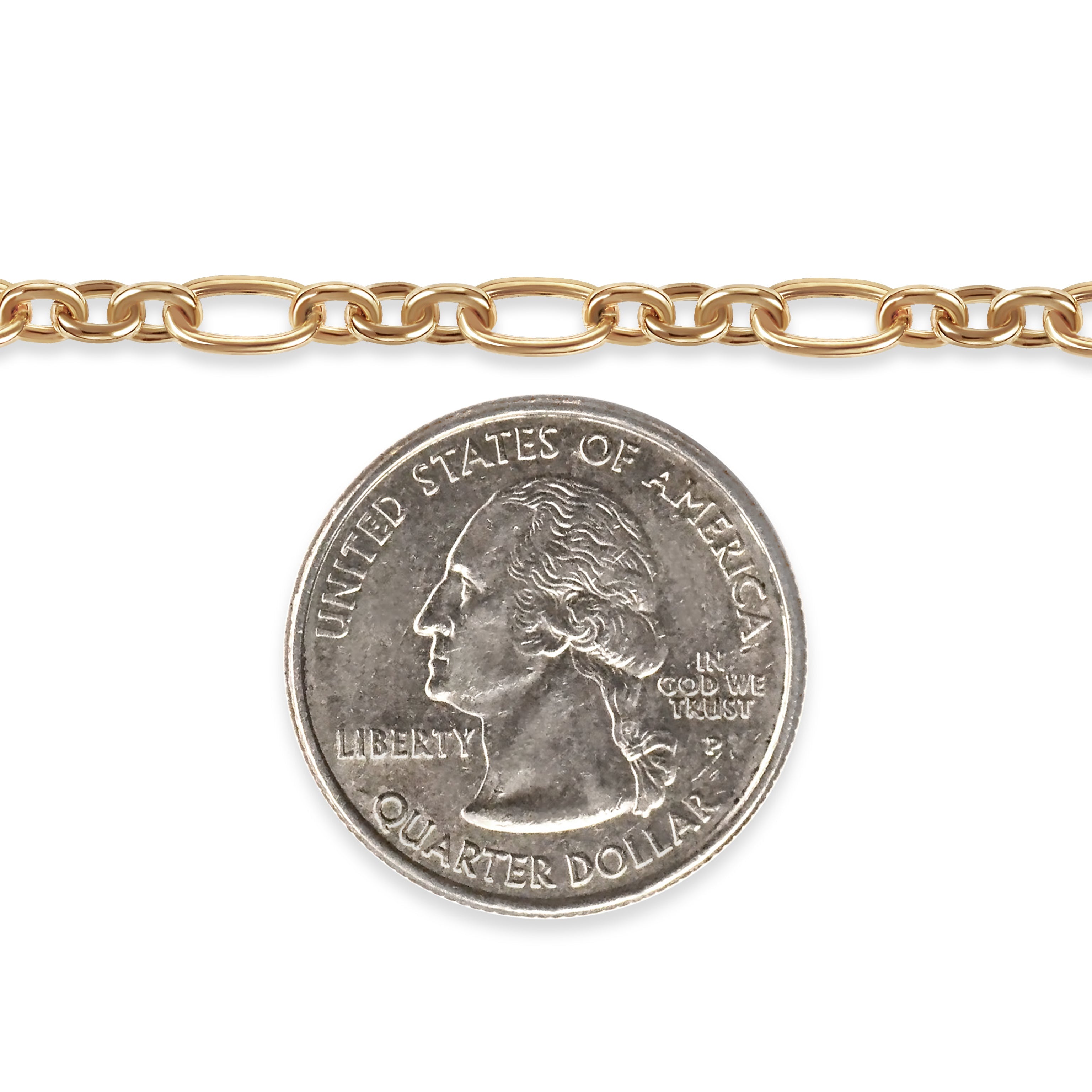 Gold-filled chain with a quarter dollar coin on a white background