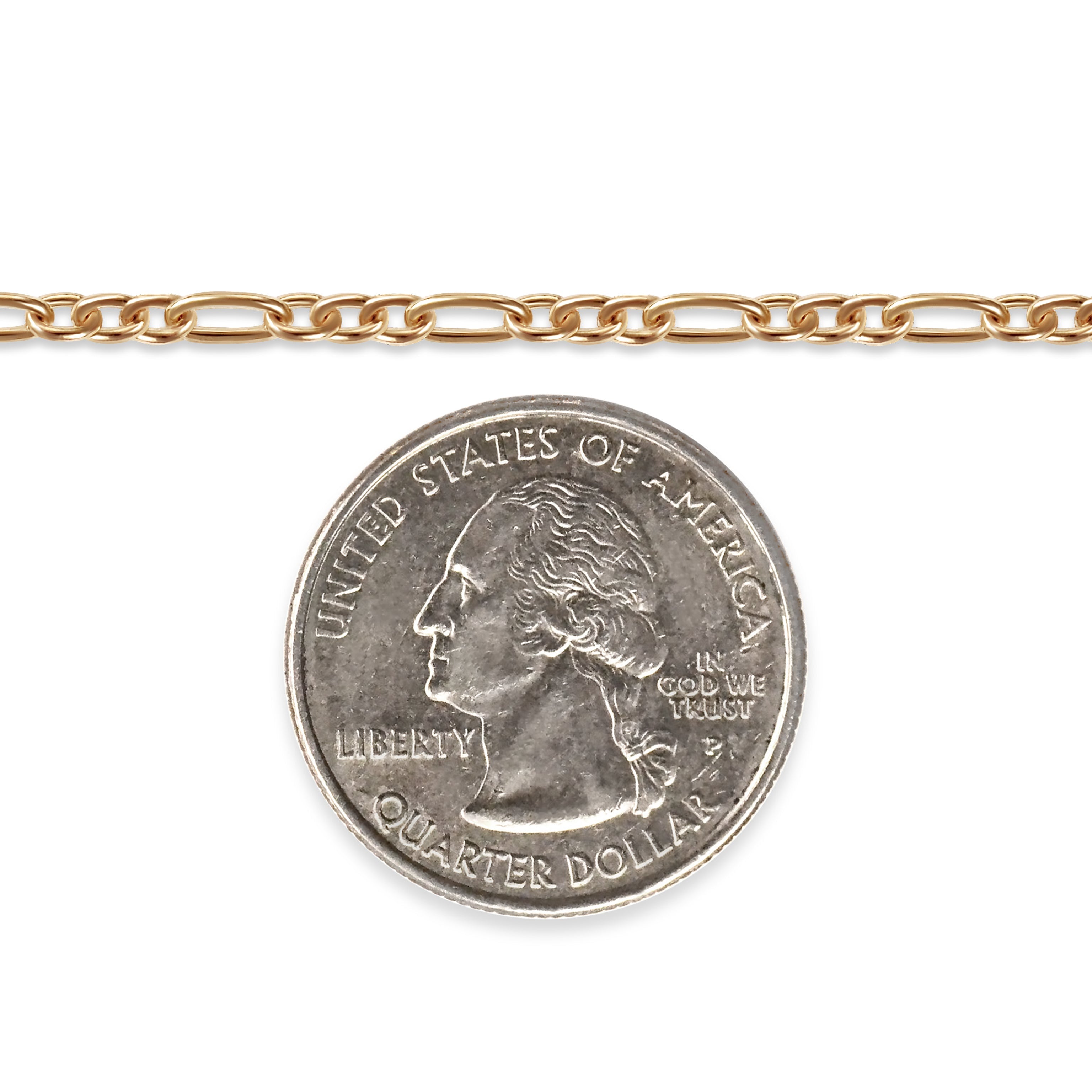 Gold-filled chain with a quarter dollar coin on a white background