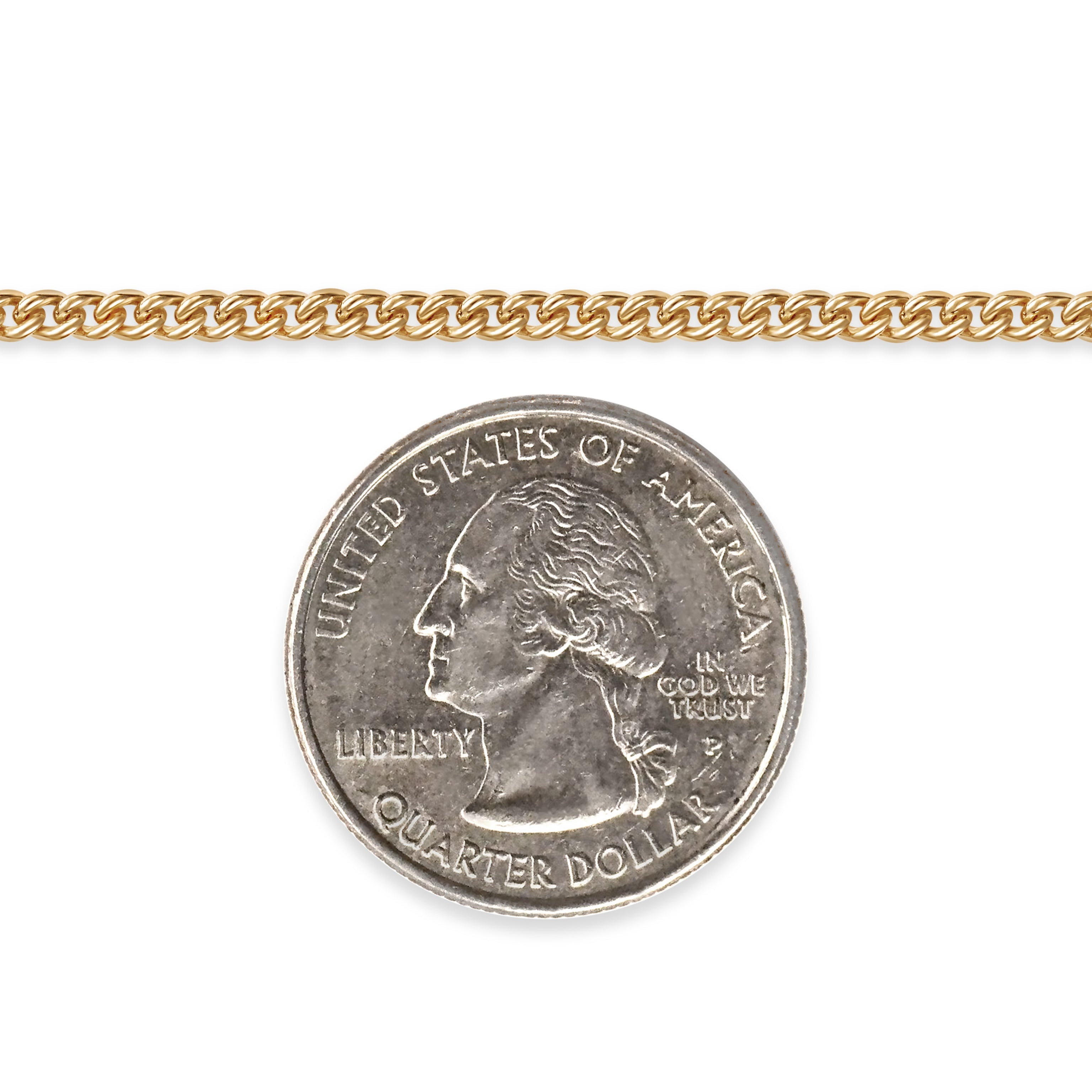 Gold-filled miami cuban chain with a quarter dollar coin on a white background
