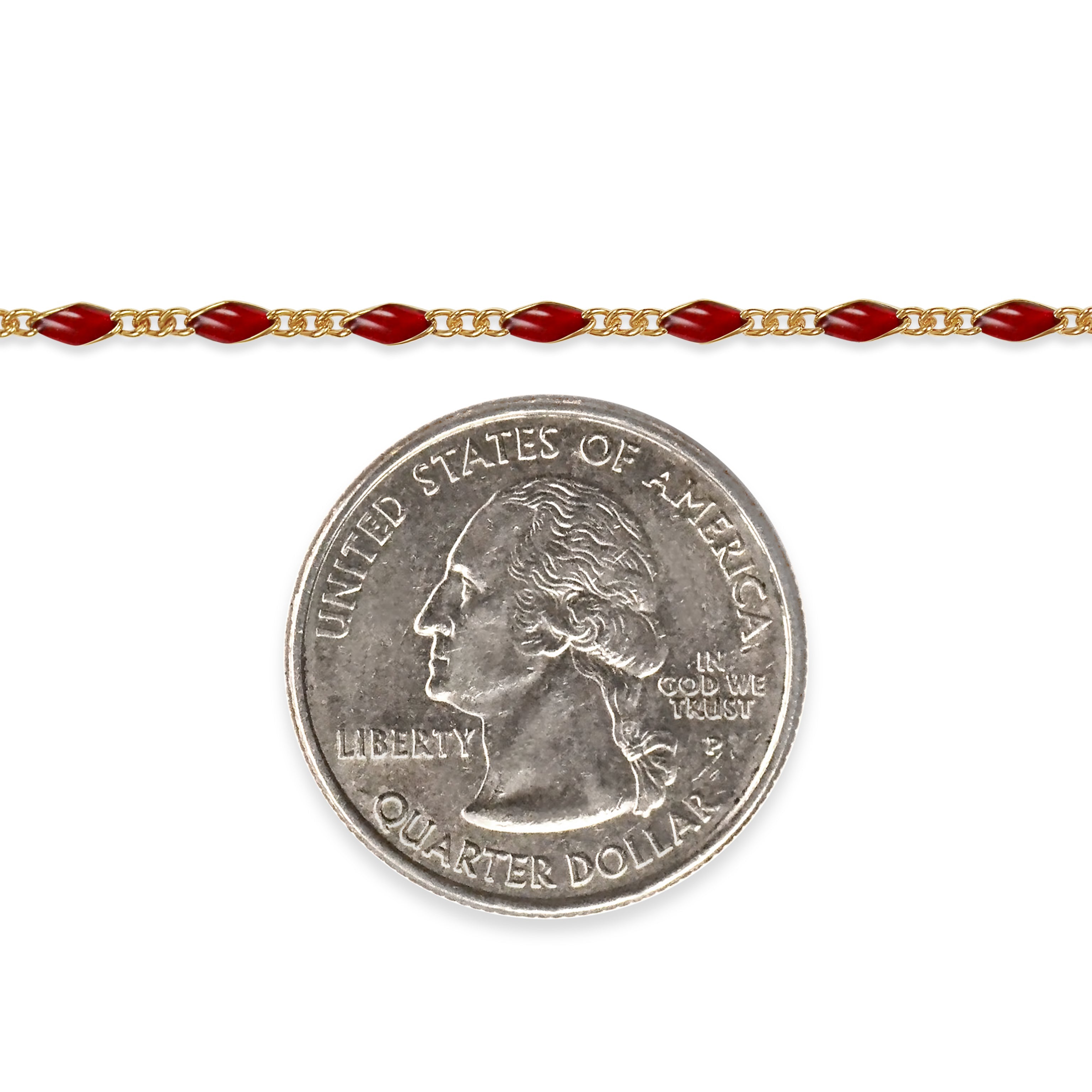 Gold filled chain with red enamel and a quarter dollar coin on a white background