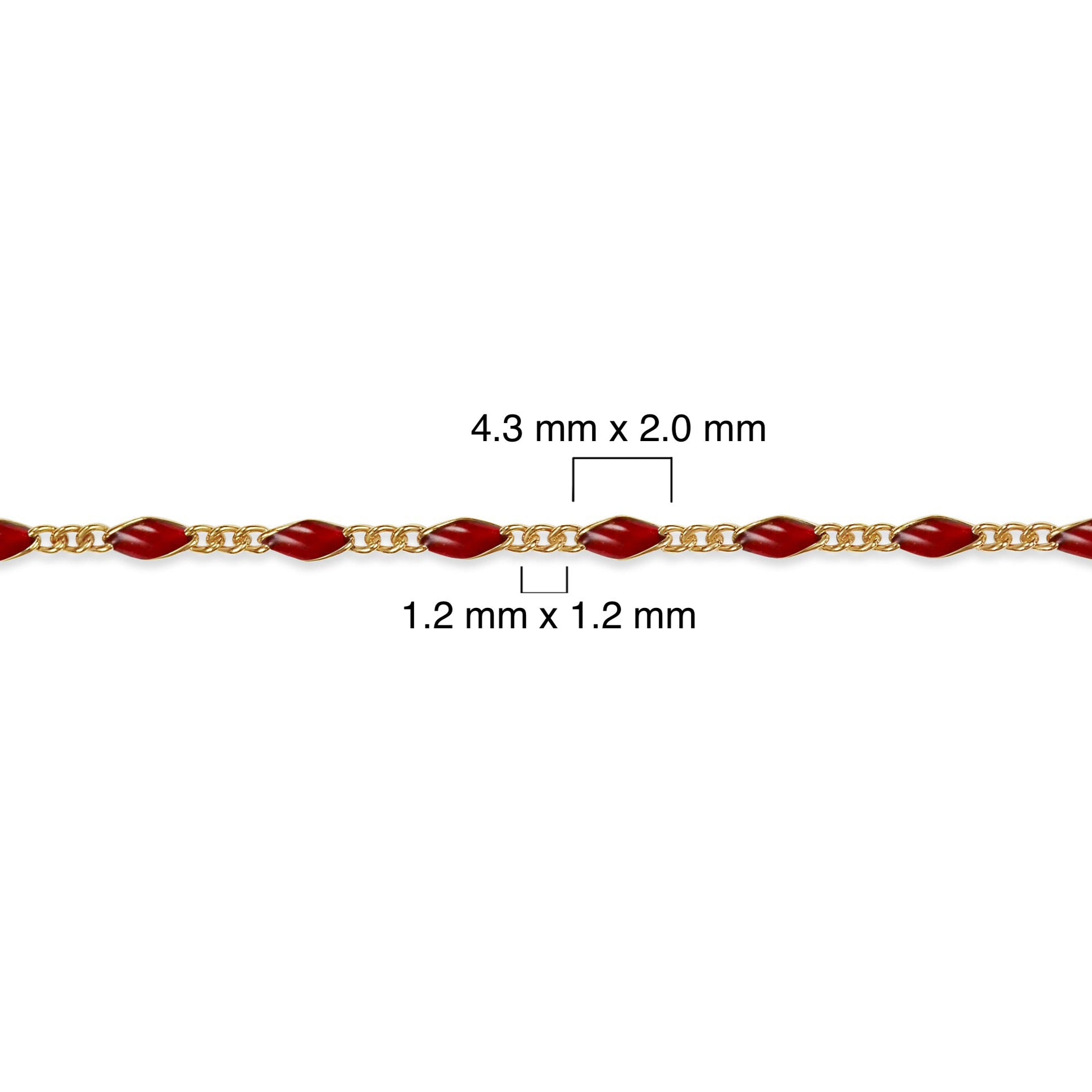 Gold filled chain with red enamel and measurements on a white background
