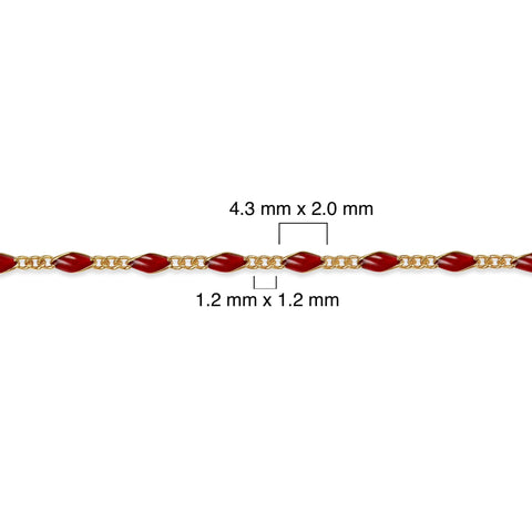 Gold filled chain with red enamel and measurements on a white background
