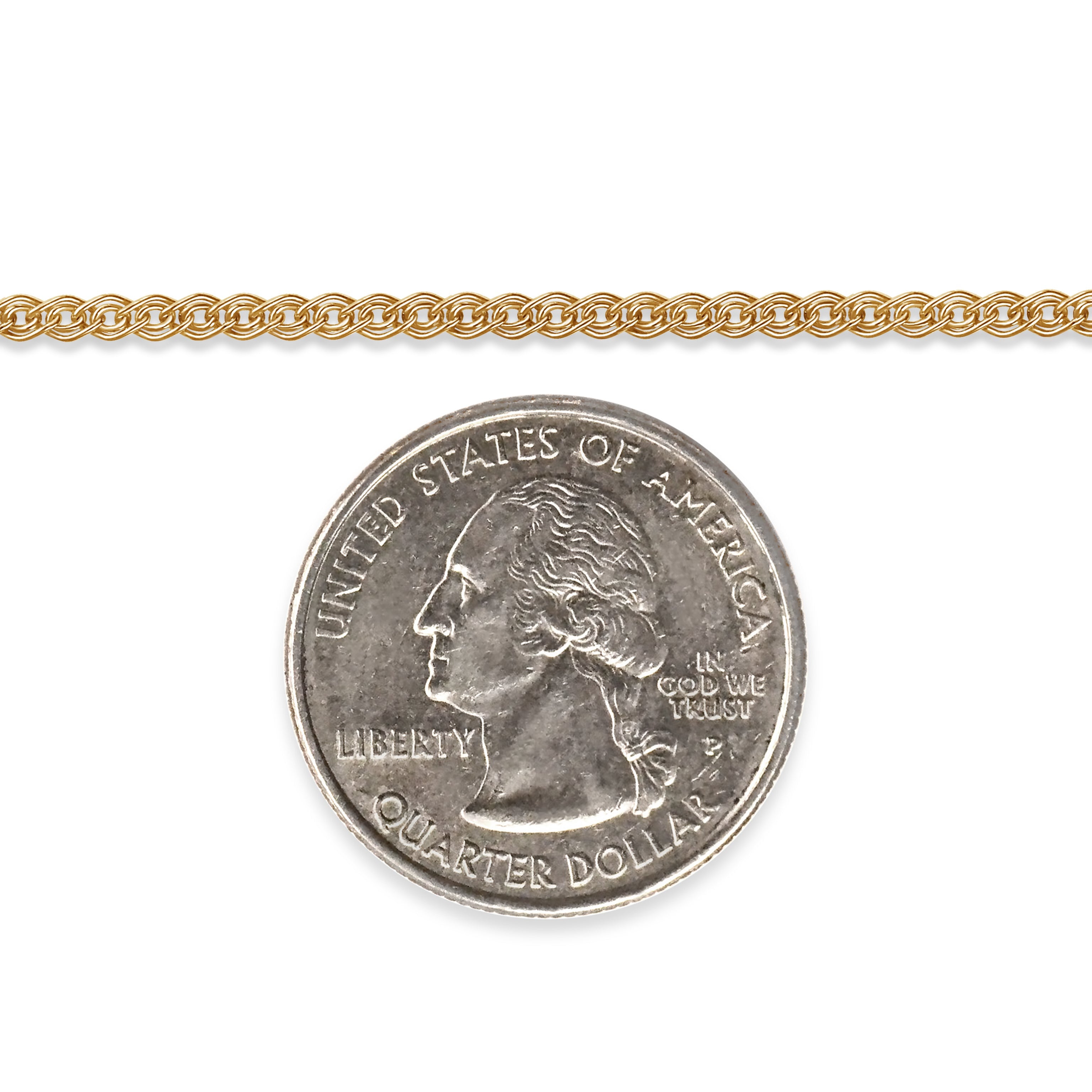 Gold-filled chain with a quarter dollar coin on a white background
