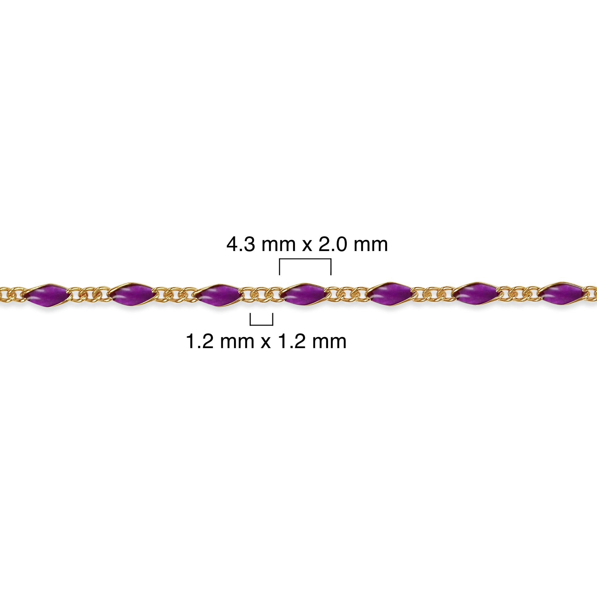 Gold filled chain with purple enamel and measurements on a white background