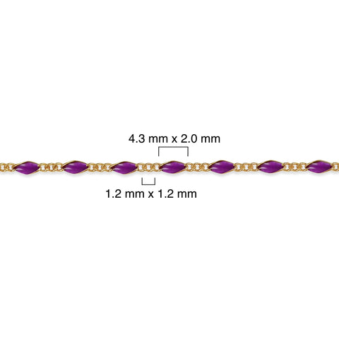 Gold filled chain with purple enamel and measurements on a white background