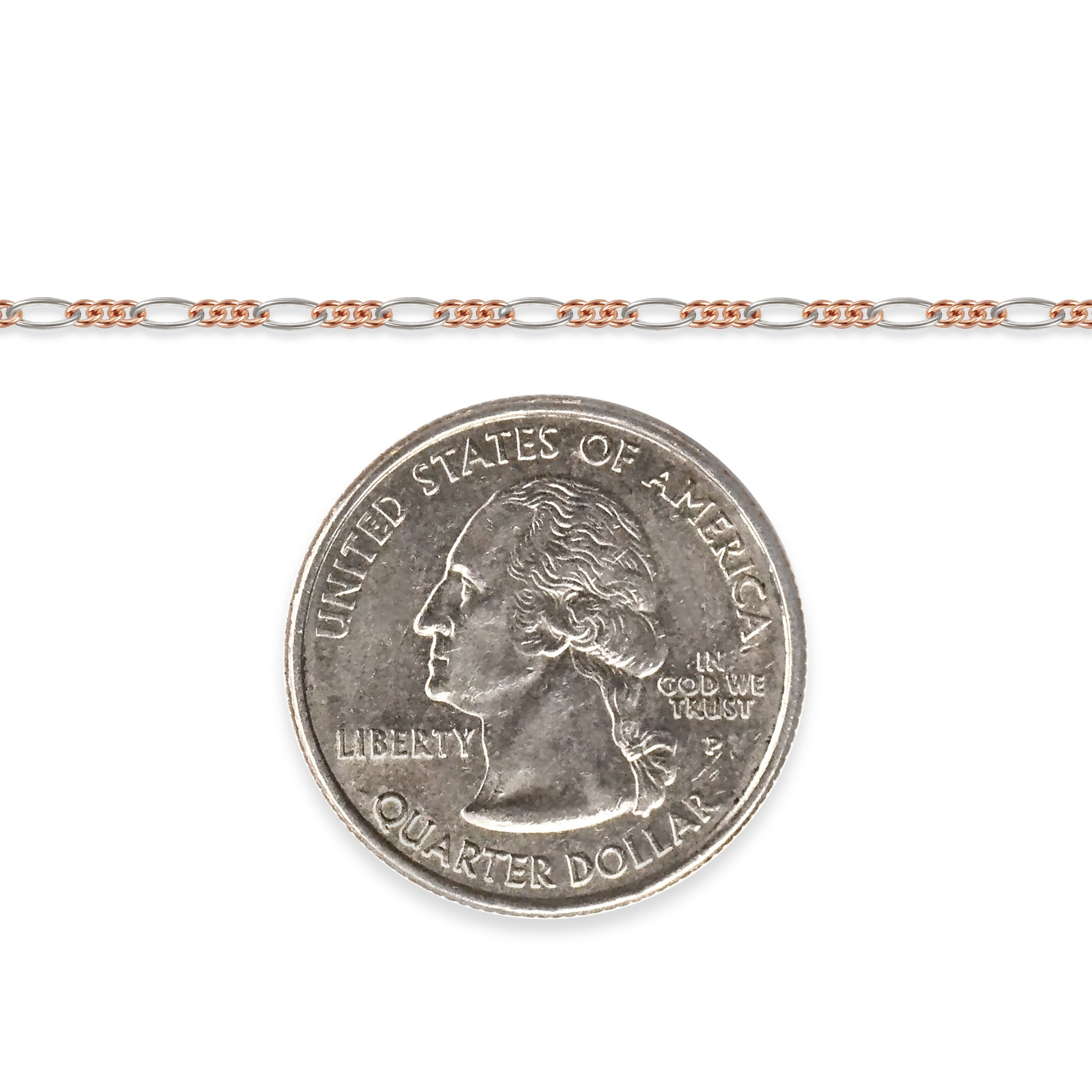 Rose gold-filled and sterling silver chain next to a quarter on a white background