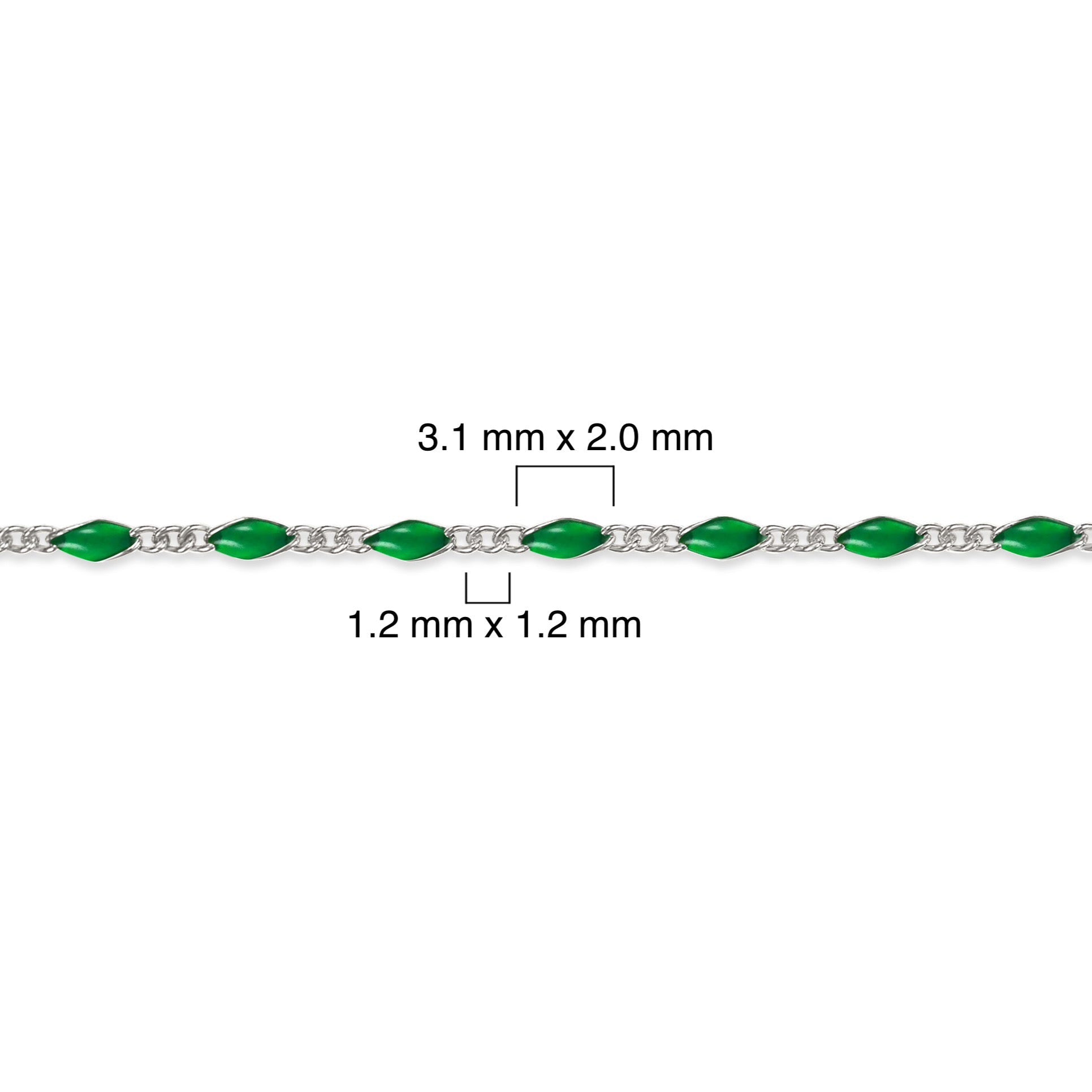 Sterling silver chain with green enamel on a white background