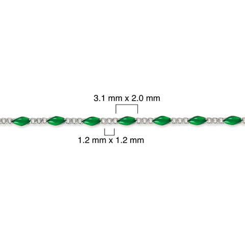 Sterling silver chain with green enamel on a white background