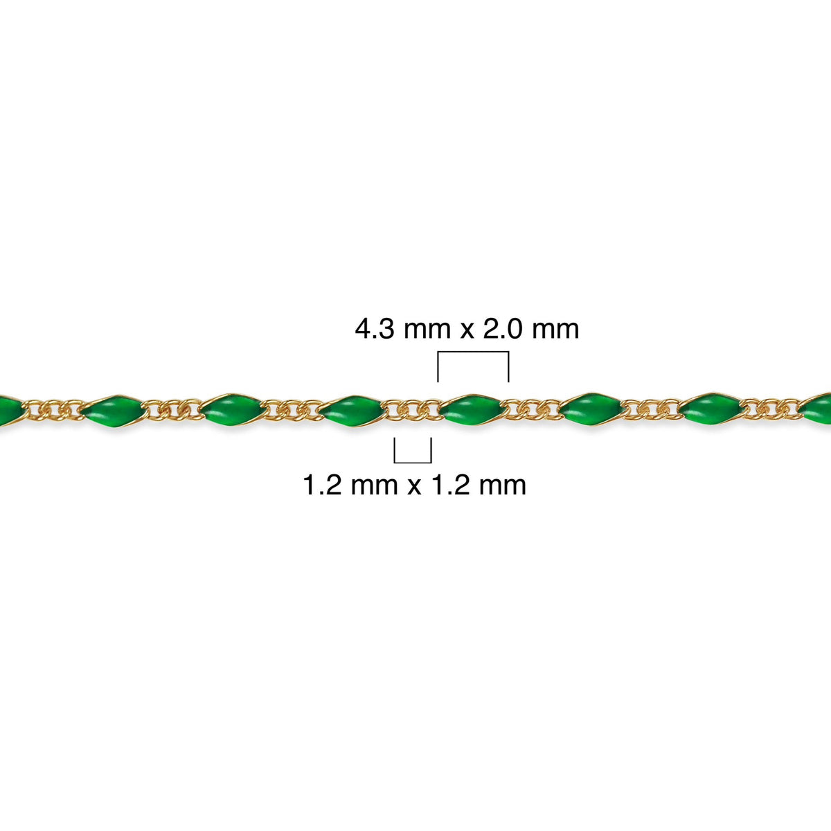 Gold filled chain with green enamel and measurements on a white background