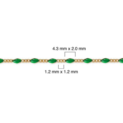 Gold filled chain with green enamel and measurements on a white background